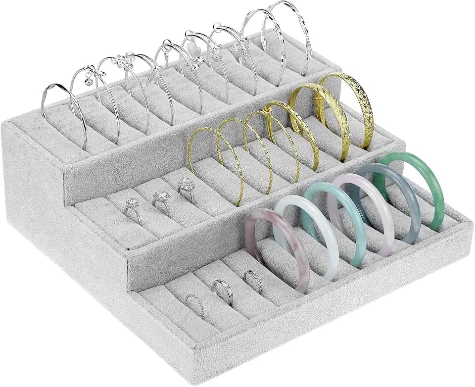 QWORK Bangle Display Tray - 27 Slot Showcase Organizer for Bangles, 10.43" x 9.45" x 3.54", 3 -Tier Bangle Organizer Display Bracelets Tray Holder with Velvet Inserts, Grey