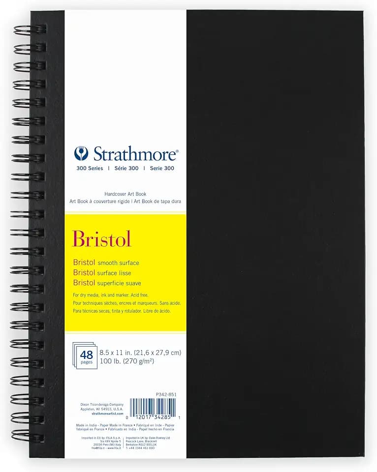 Strathmore 300 Series Bristol Paper Art Book, Smooth Texture Black Hardcover & Side Wire Binding, 24 Sheets, White, 8.5x11 inch, 1 Count