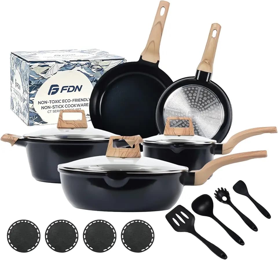FDN 16Pcs Titanium Pots and Pans Set,Toxic-Free Cookware Set, Dishwasher & Oven Safe, Induction Compatible with Bakelite Wood Grain Handle, Compact and Durable