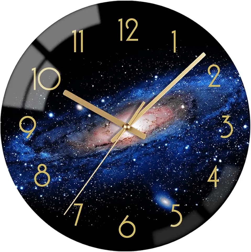 VIKMARI 12" Black Glass Night Sky Pattern Round Silent Wall Clock Decor