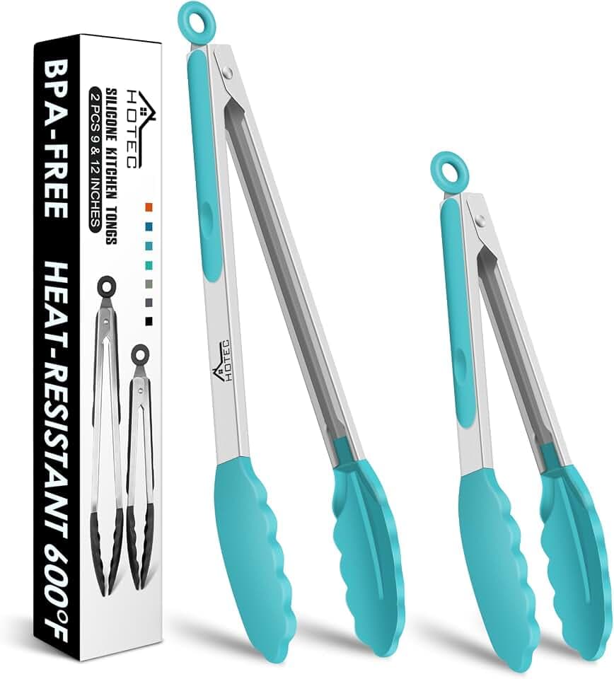 HOTEC Stainless Steel Kitchen Tongs with Silicone Tips, Set of 2-9" and 12"