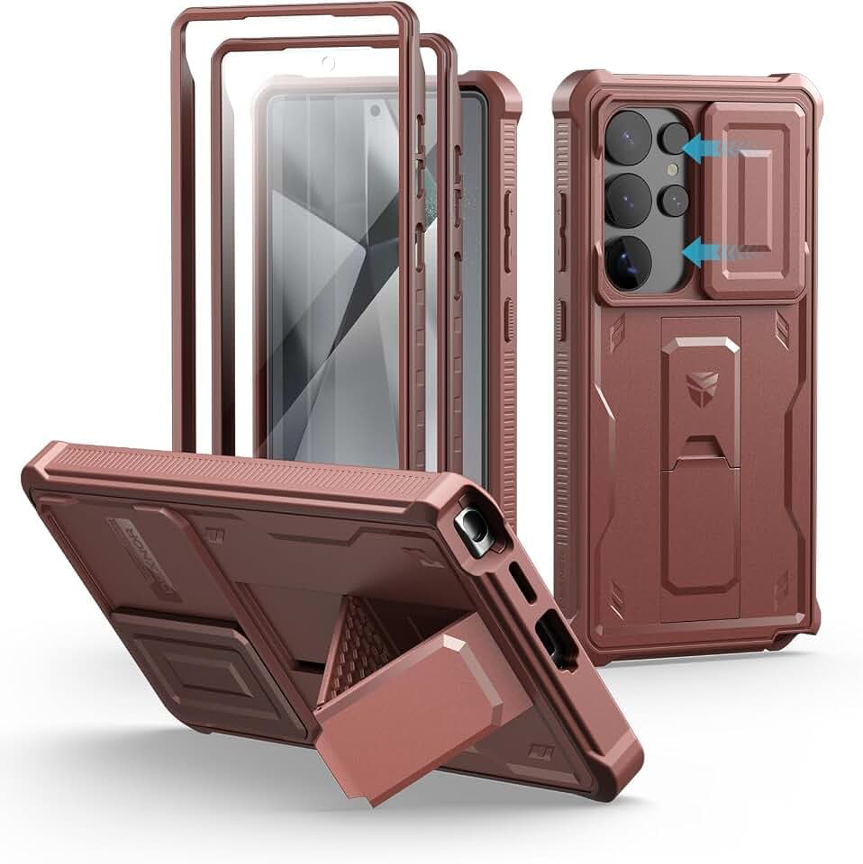 Dexnor Kompatibel mit Samsung Galaxy S25 Ultra Hülle mit Eingebaute Schiebekamera Abdeckung&Displayschutz&Kickstand, Schwerlast Stoßfestes Robustes Ganzkörper Stoßfänger Handyhülle - Magie Rot