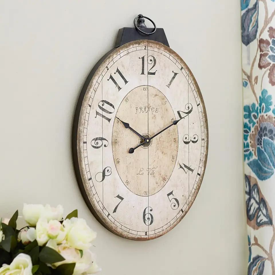 24" H x 18" W Large French Country Oval Wall Clock for Living Room Decor, Rustic Farmhouse Wall Clock Decorative, Solid Wood Frame with Iron Hanging Ring, Silent Non-Ticking Battery Operated