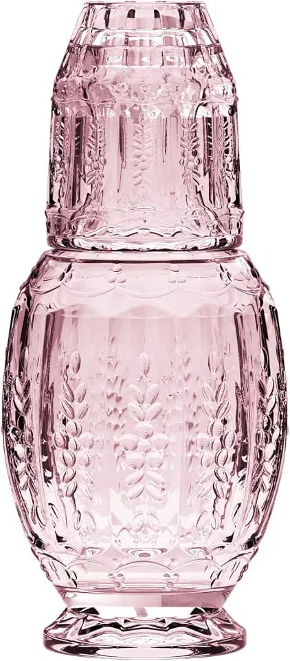 Elle Decor Vintage Bedside Water Carafe Set with Tumbler Lid, Pink - 33 Oz