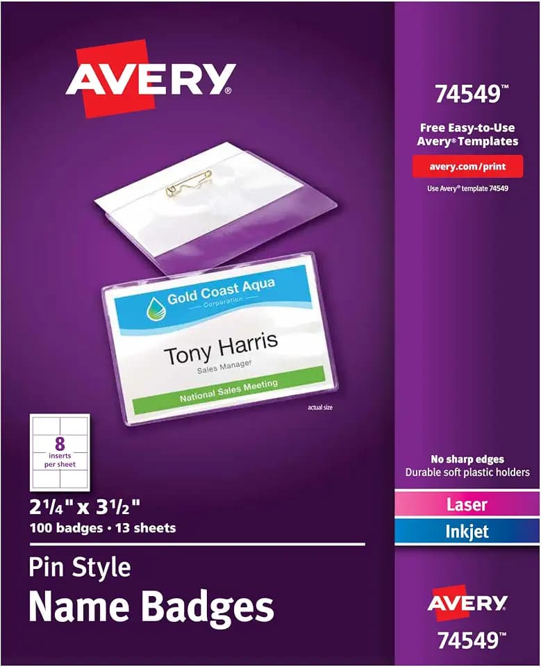 Avery® Customizable Name Badges, Pin Style, 2.25" x 3.5", Clear Name Tag Holders, White Laser/Inkjet Printable Inserts, 100 Total (74549)