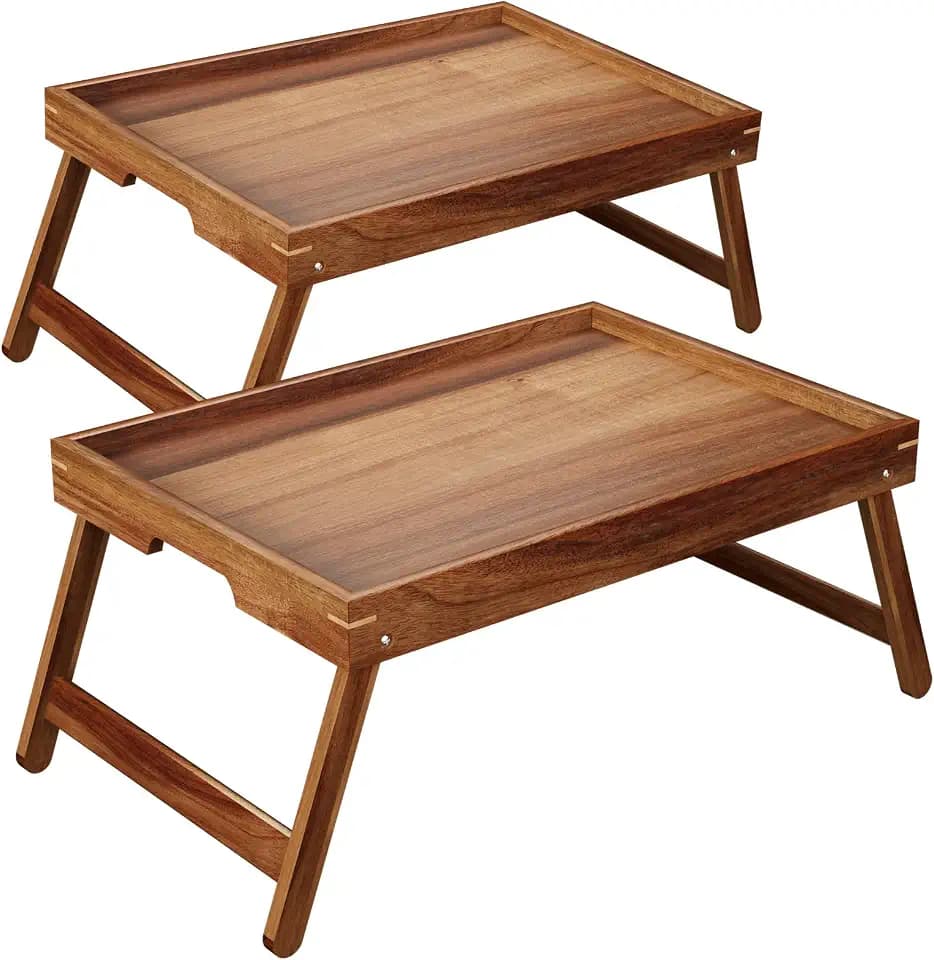 Fibogollo 2 Pack Acacia Wood Breakfast Tray,Folding Bed Tray Table