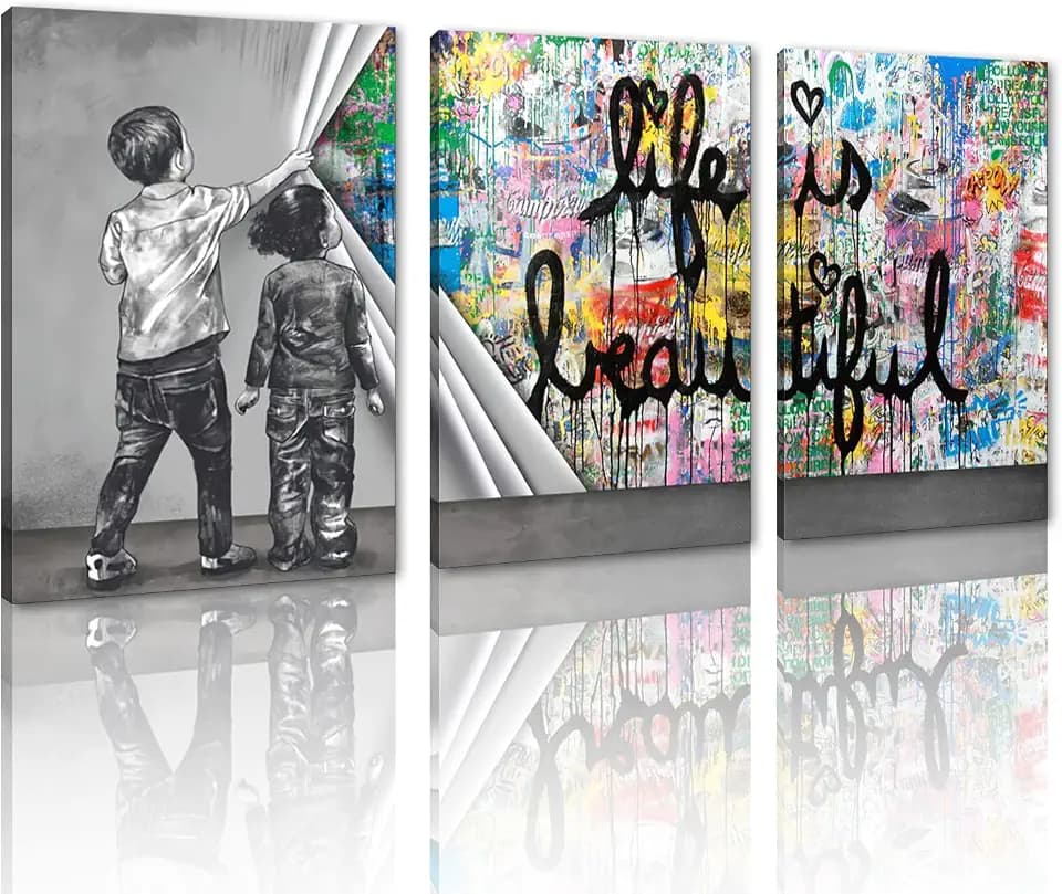 MAMAGO Inspirational Graffiti Wall Decor 3 Pieces Banksy Life is Beautiful Street Canvas Print Poster Behind the Curtain Artwork for Nursery Office Modern Wall Art Framed Ready to Hang-20”x28”x3pcs