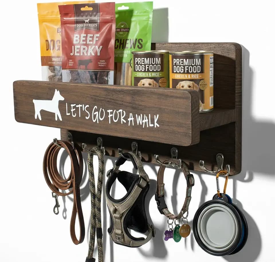 Wood Dog Leash Holder for Wall, Key Hanger with 5 Double Key Hooks