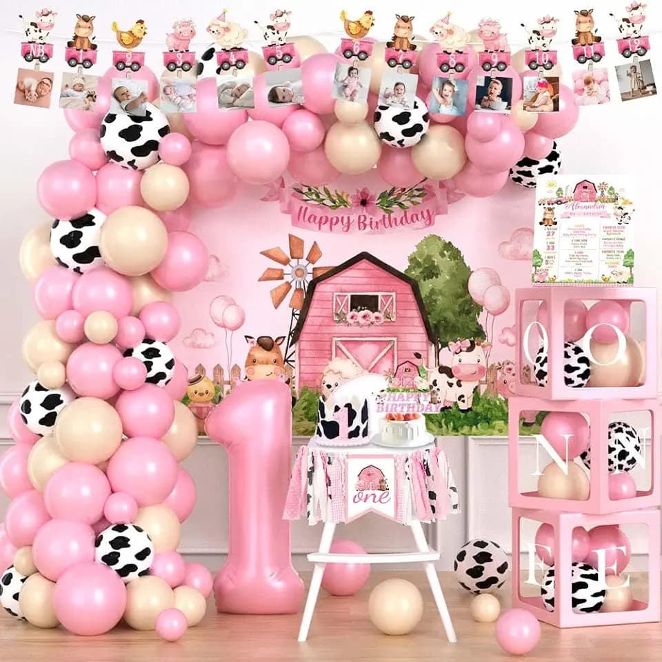 Party Inspo Farm 1st Party Decorations Girl, 131 PCs Farm Animal Birthday Party Supplies with Pink Barnyard One Backdrop, Balloon Garland, Cake Topper, Crown, Poster