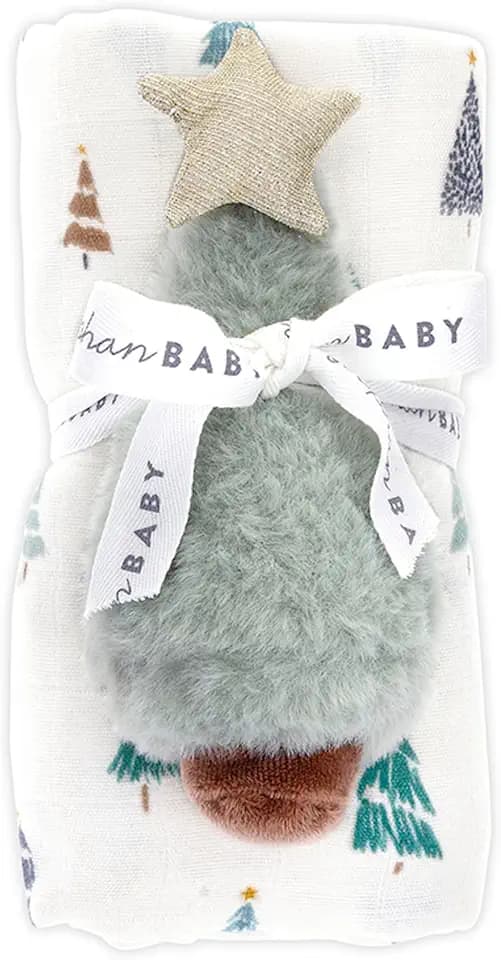 Stephan Baby Christmas Blanket & Rattle Set - Swaddle with Plush Toy Gift for Newborn Infant Baby, 2-Piece, Trees