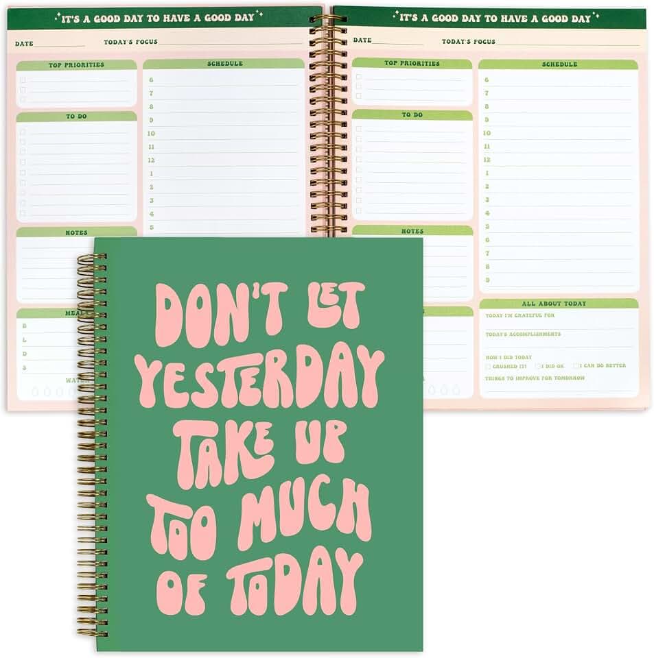 Undated Daily Planner Notebook 7.75x10, Cute Planner Notebook, Pink Green To Do List Notebook, Large Hardcover Spiral Schedule Notebook Planner, Inspirational Quote Planner Students Girls Teens