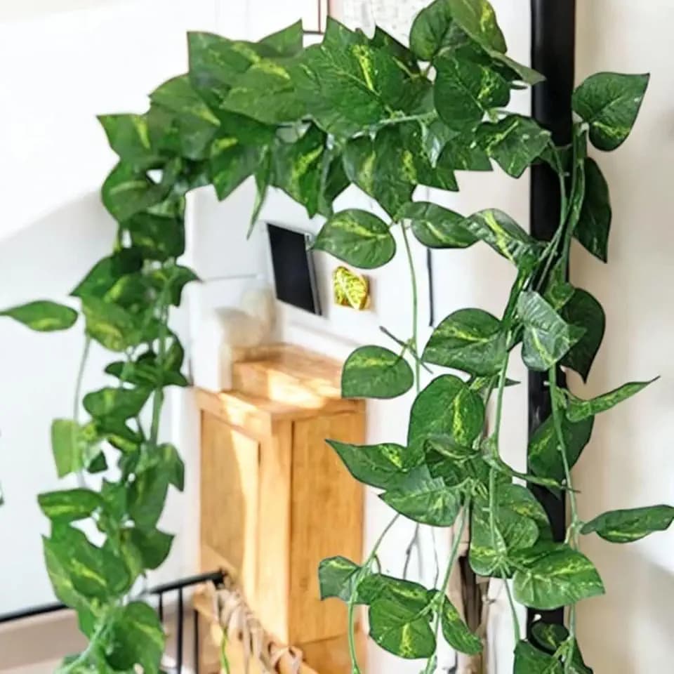 SAUDEEP INDIA Artificial Green Leaf Money Plant Garland | 7.2 Feet Bel Vine Creeper | Realistic Hanging Fake Leaves Ivy | Home Decor for Door, Wall, Balcony, Garden & Festival Decoration (3 Vines)