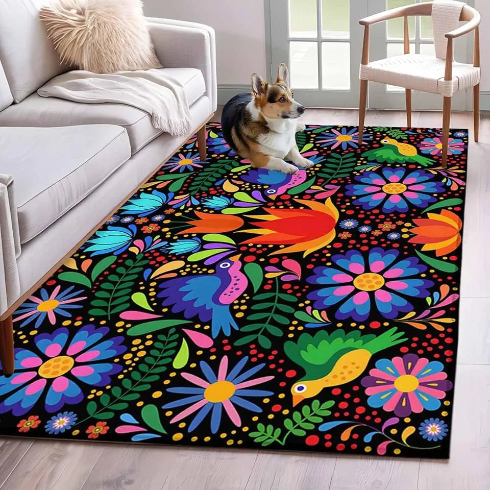 Colorful Mexican Floral Area Rugs 3x5 ft Bird Rustic Assorted Flower Washable Rug Non Slip Indoor Carpet Absorbent Floor Mat for Living Room Bedroom Dining Room