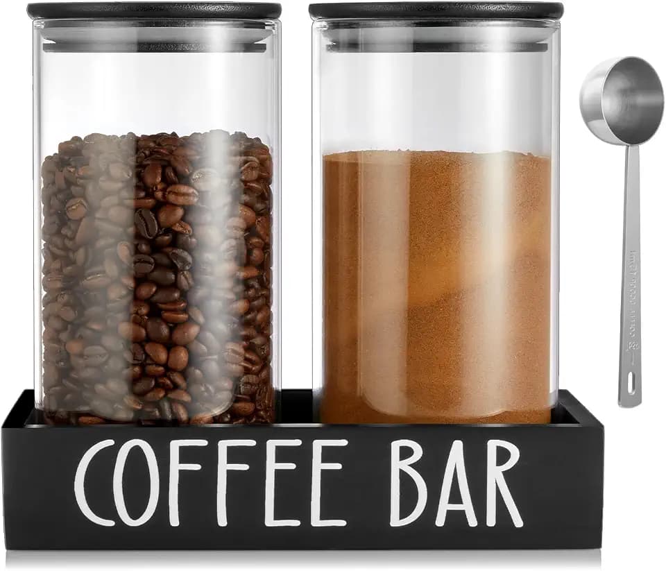 Glass Coffee Canister for Ground Coffee - 2Pcs 45oz Coffee and Sugar Container Set with Airtight Bamboo Lids and Black Tray - Farmhouse Coffee Bean Storage Jars for Coffee Bar Decor and Accessories