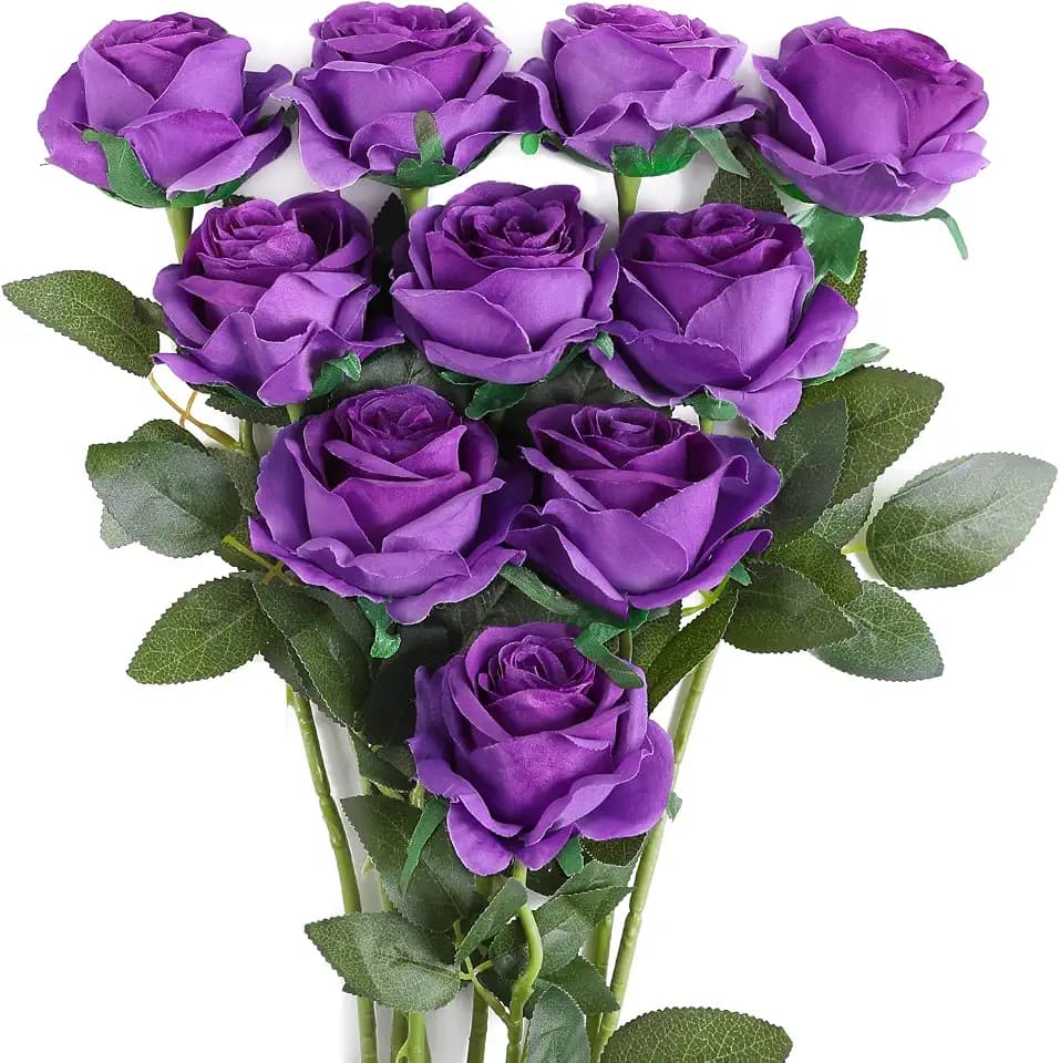 10pcs Purple Flowers Artificial Purple Rose with Stem Realistic Silk Flower