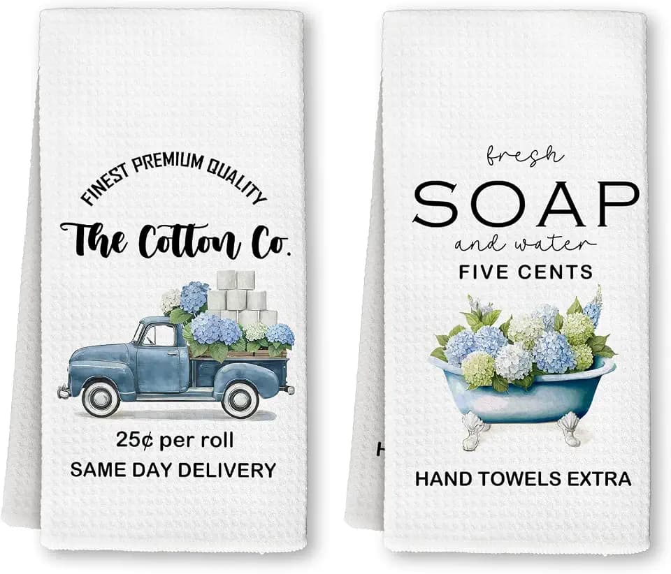 Funny Hydrangea Bathroom Towels, Farmhouse Truck Bathtub Floral Hand Dish Towels Decor, Rustic Hydrangea Flower Decorative Tea Towel for Bathroom Washroom Toilet, 16x24 Inch Set of 2
