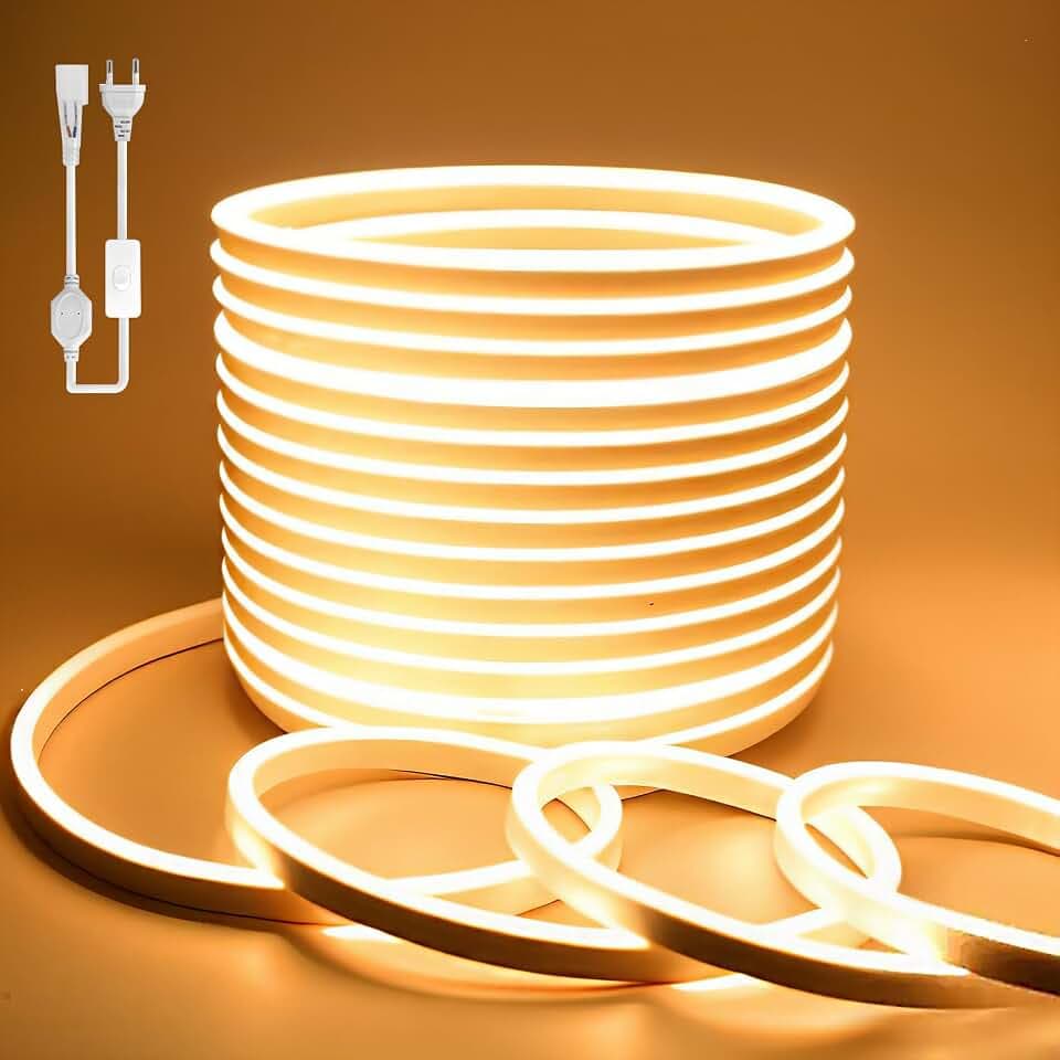 BAGZY Neon LED Streifen 2M Aussenbereich, Neon Wasserdicht Strip 230V Outdoor 120 LED/M Flexibler DIY Lichtband für Innen Weihnachtsfeier Aussenbereich,mit Netzteil und Controller (Gelb,2Meter)