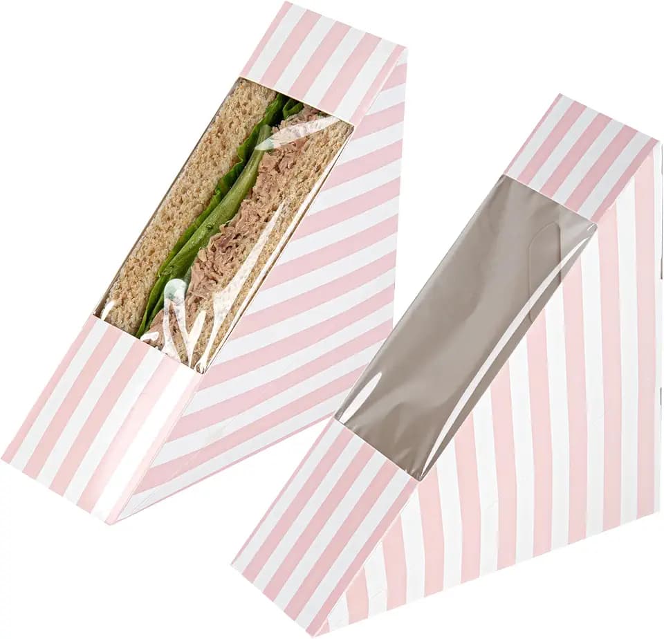 Restaurantware- 4.8 x 2 Inch Sandwich Paper Boxes, 200 Small Sandwich Wedge Boxes - With Window, Disposable, Pink And White Paper Triangle Sandwich Containers, Striped, Grease-Impervious