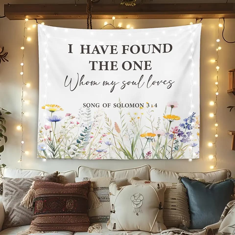 OXW Floral Christian Tapestry Wall Hanging, Spiritual Decor, Christian Scripture Wall Art Decor, Bible Verses Wall Decor for Prayer Room Church Bedroom, I Have Found The One Whom My Soul Loves, 50×60 inches
