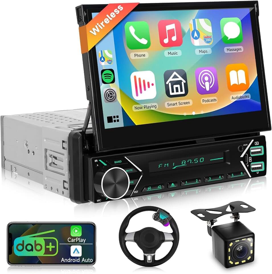 1-Din DAB Plus Autoradio mit 7-Zoll Automatisch Einziehbarem Bildschirm, AutoRadio mit kabellosem CarPlay Android Auto, 1-DIN-Radio BT/Lenkradsteuerung/Mirror Link/EQ/USB-C+Rückfahrkamera