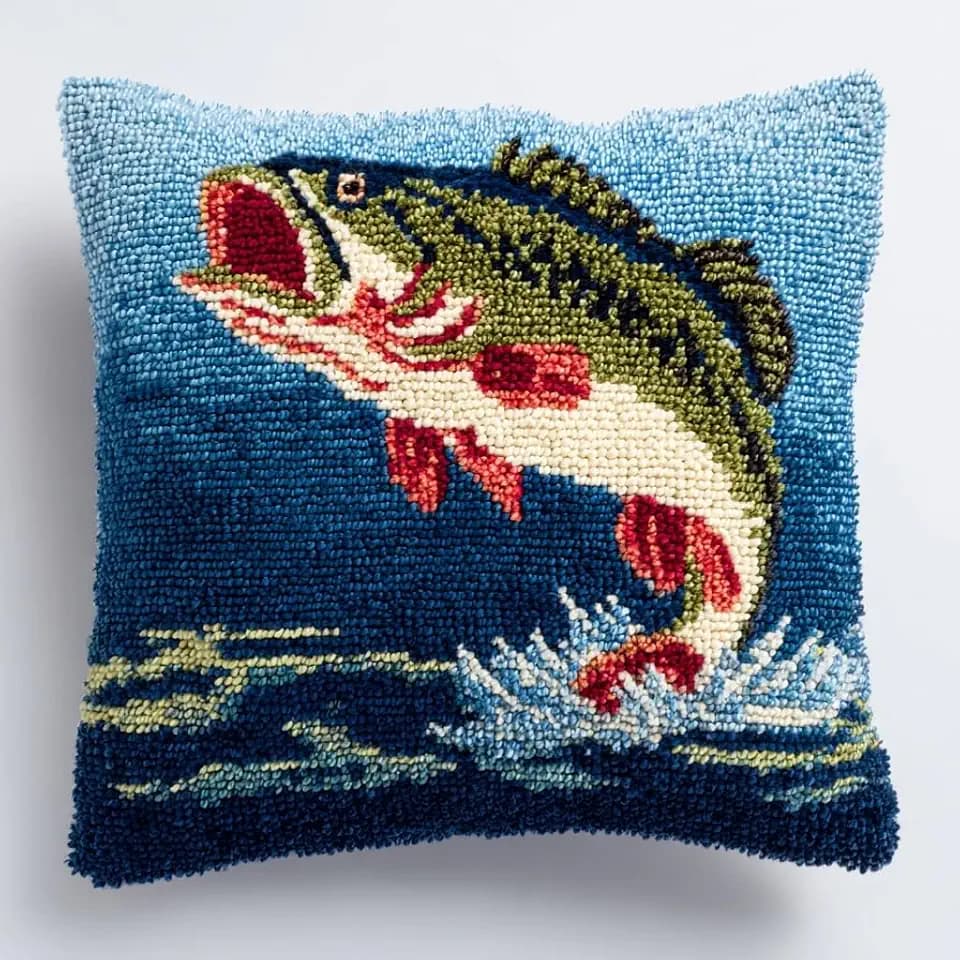 DIY Latch Hook Pillow Kit Bass Fish Jumping from Water with 43x43cm-1