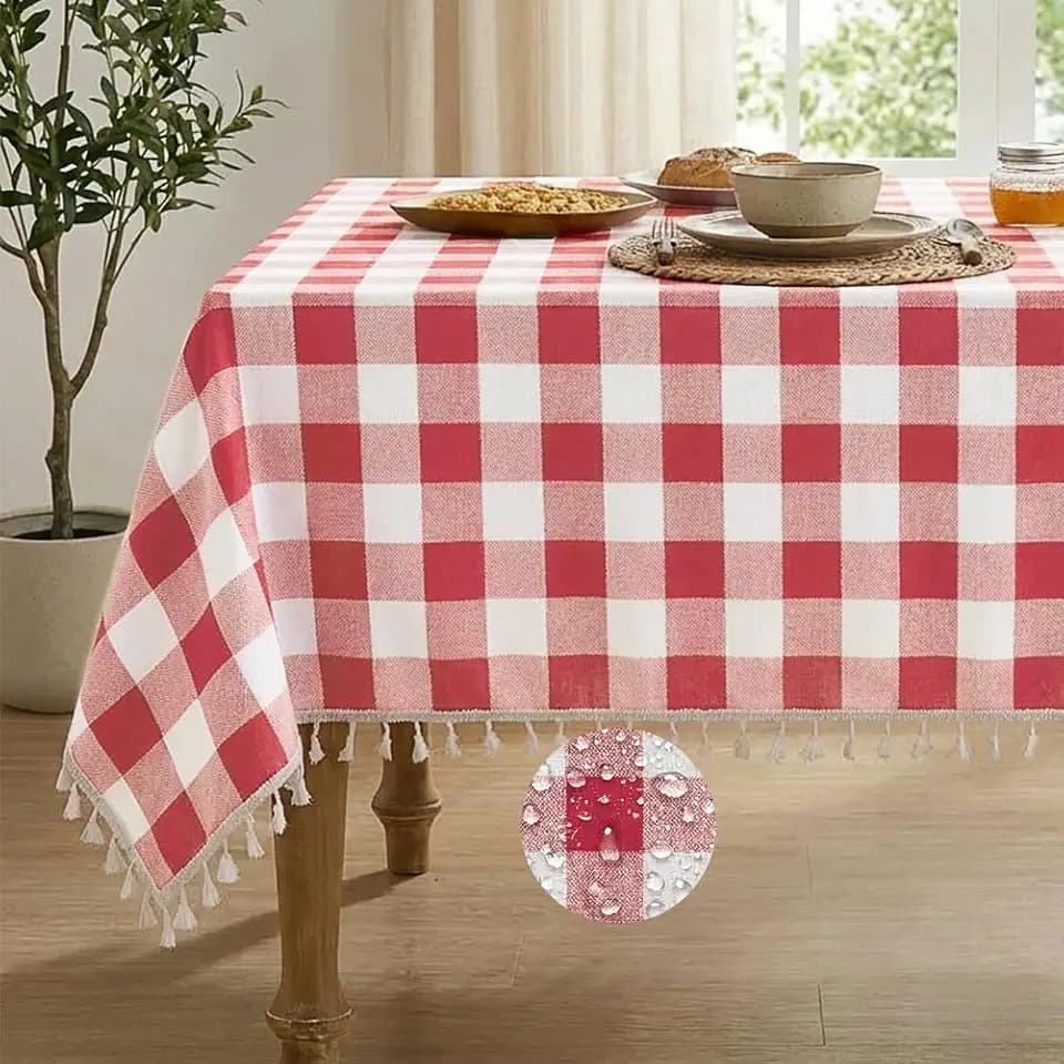 Deep Dream Water-Resistant Checkered Tablecloth Rectangle, Cotton Linen Gingham Table Cloth with Tassel, Wrinkle Free Buffalo Plaid Table Cover for Picnic Kitchen Dining Room - 55 x 70 Inch, Red