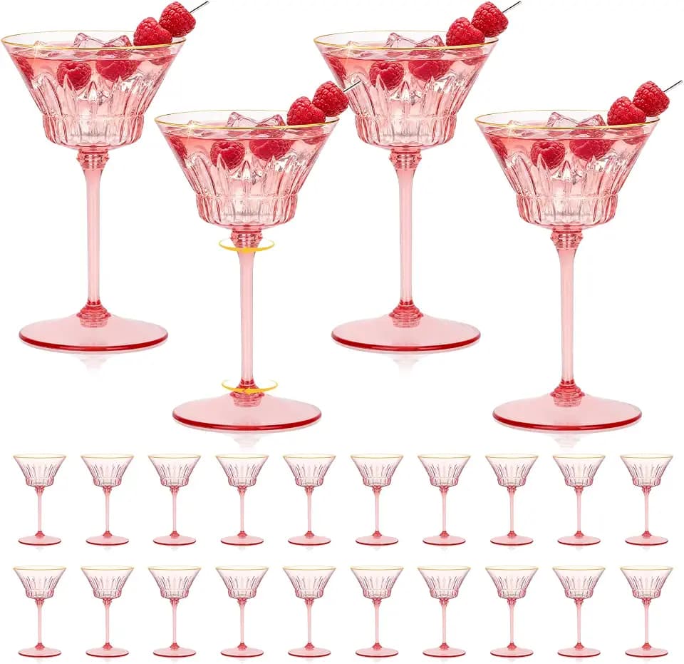 24 Pcs Plastic Martini Glasses with Gold Rim 4.5 Oz Reusable Acrylic Coupe Cocktail Glasses Removable Champagne Dessert Cups for Margaritas Weddings Parties Birthday (24, pink)