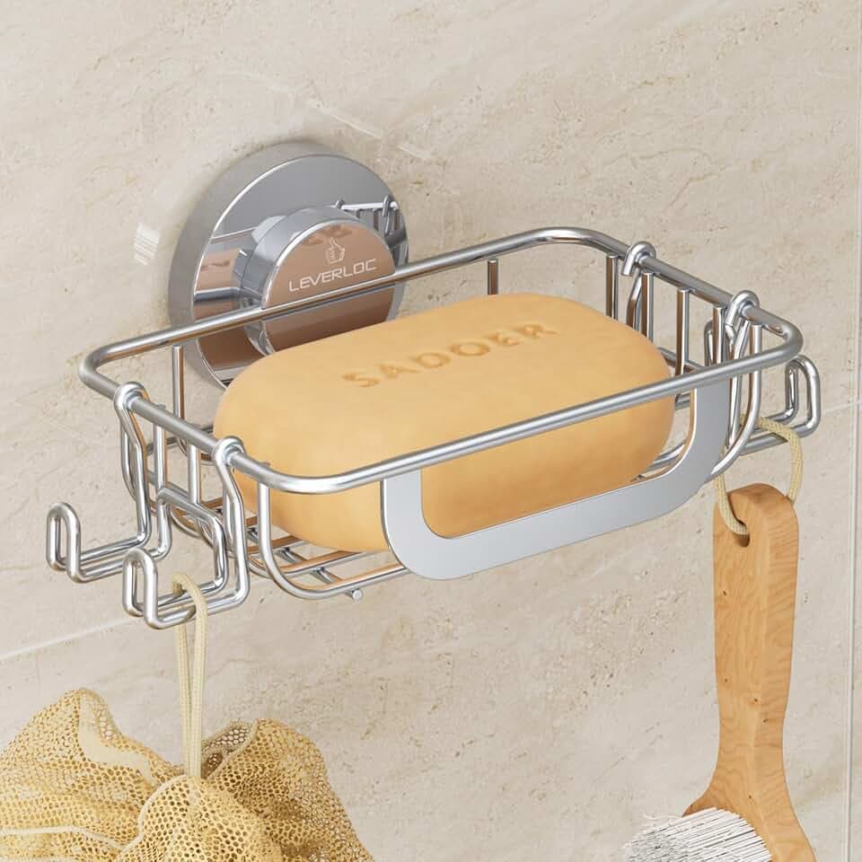 LEVERLOC Bar Soap Holder with Hooks, Suction Cup Soap Dish Stainless Steel