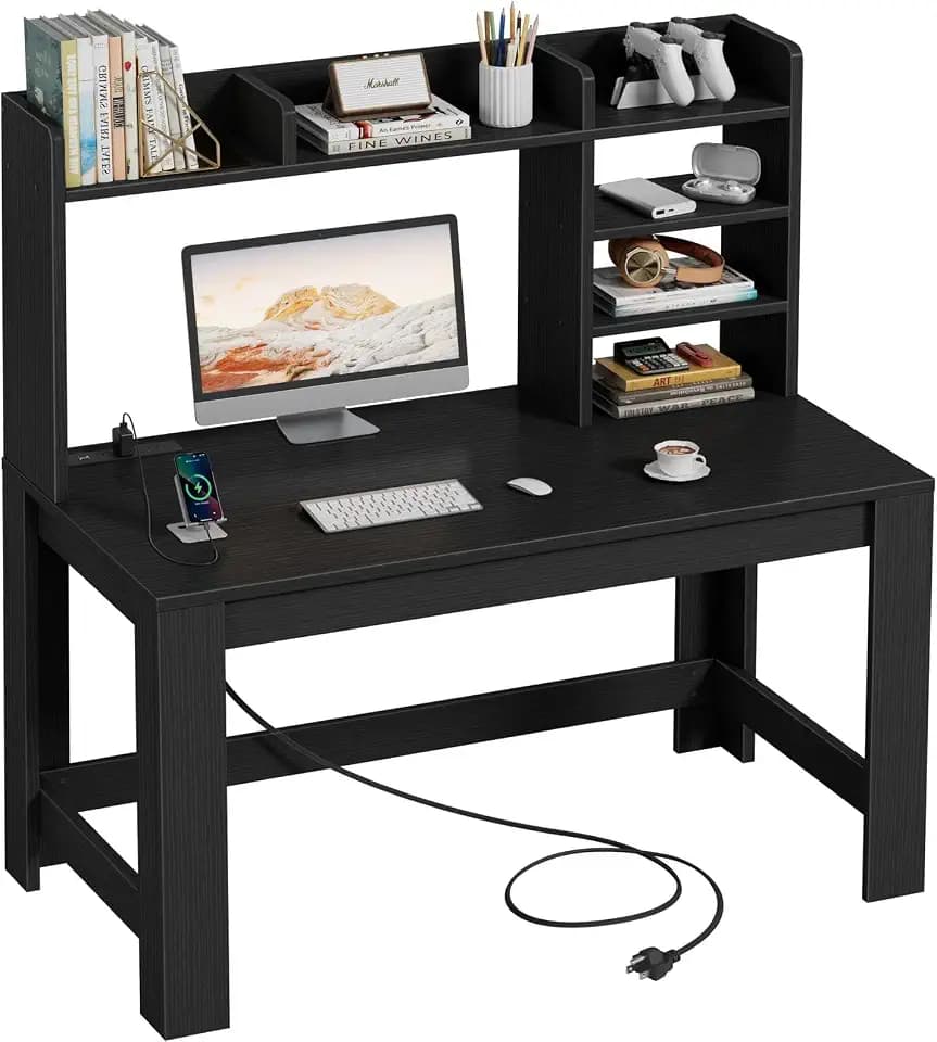 WINAZ 43" Black Gaming Desk with Hutch and Built-in Power Outlet