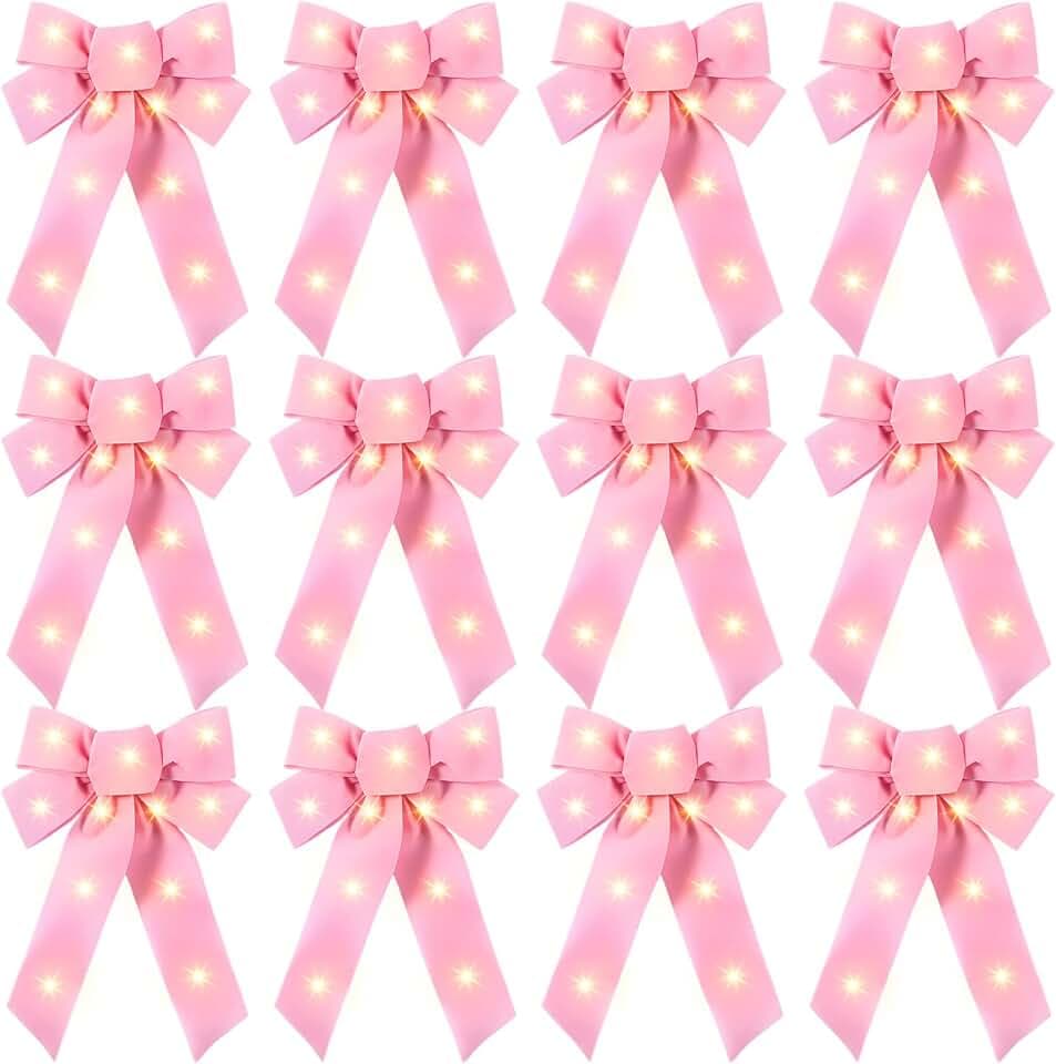 Crowye 12 Pcs Large LED Valentines Bows Lighted Velvet Bows Decoration Wreath LED Light Bow Christmas Tree Topper for Indoor Outdoor Xmas Winter Decoration(5 x 8 Inches,Pink)