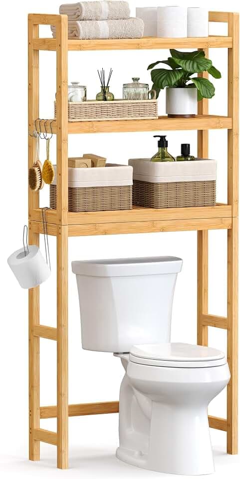 SONGMICS 3-Tier Bamboo Over The Toilet Storage, Adjustable Shelf, 66.9''H