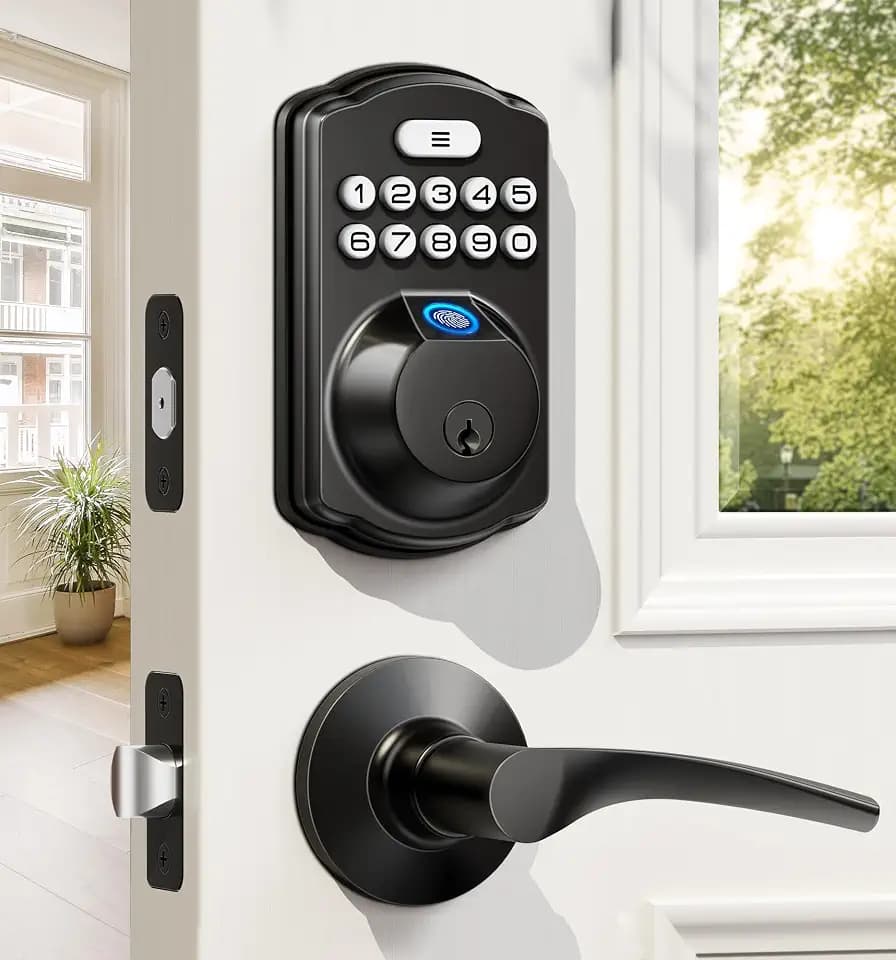 Veise KS02B Fingerprint Door Lock with 2 Lever Handles, Matte Black