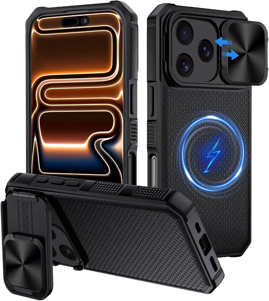 XTCASE für iPhone 17 Pro Max Hülle Magnetisch kompatibel mit Magsafe, Kameraschutz Handyhülle Integrierter Versteck Ständer Premium Militär Hybrid PC Kratzfest + TPU Stoßfest, Schwarz
