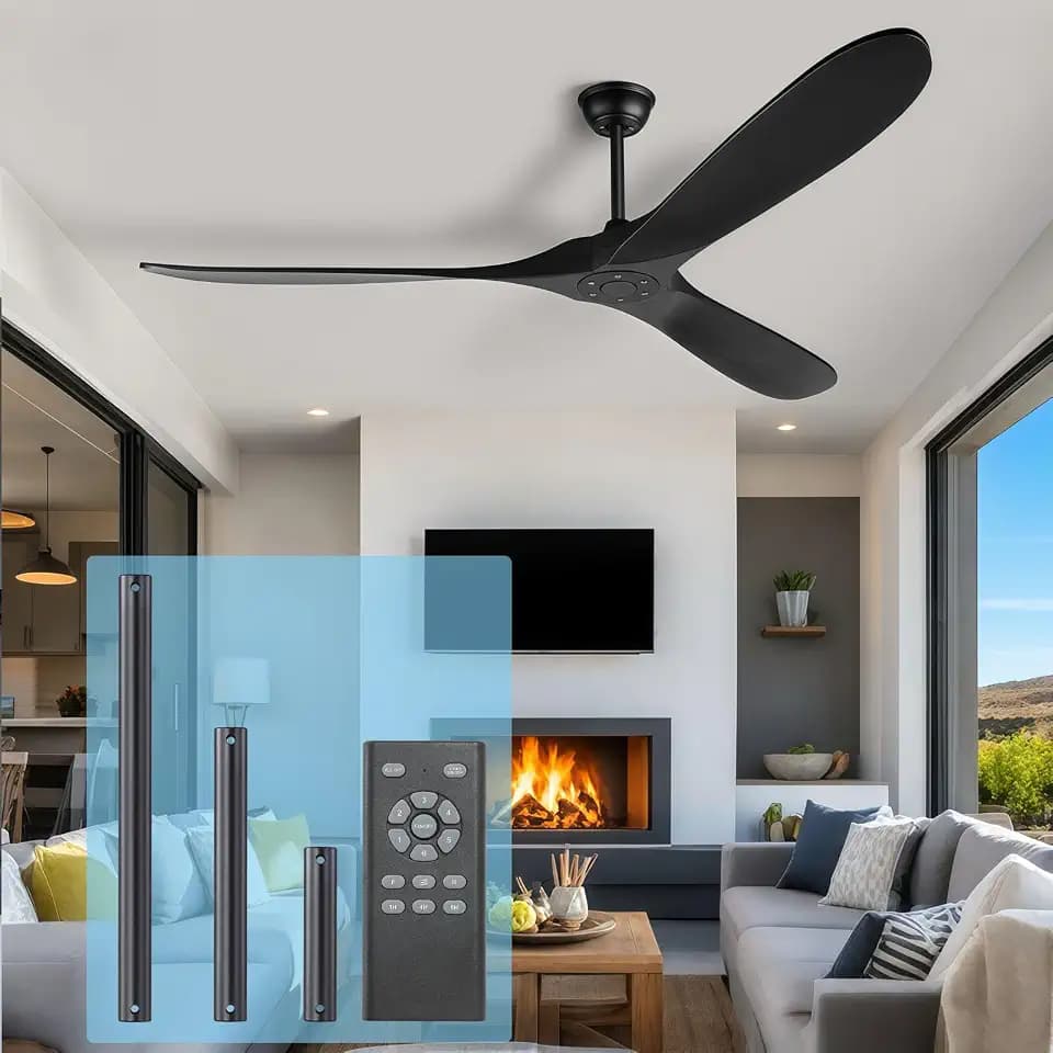 60 Inch Black Ceiling Fan No Light ,Wood Indoor Outdoor Ceiling Fans for Patios Living Room Bedroom Porch Big Farmhouse Ceiling Fan for Flat Sloped Angled Ceiling