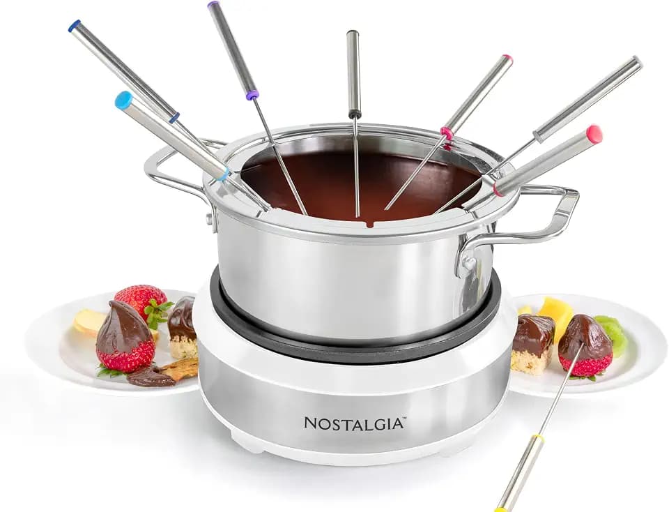 Nostalgia 8-Cup Electric Fondue Pot Set for Cheese & Chocolate - 8 Color-Coded Forks, Temperature Control - Kitchen Gadgets and Appliances for Hors d'Oeuvres and More - White