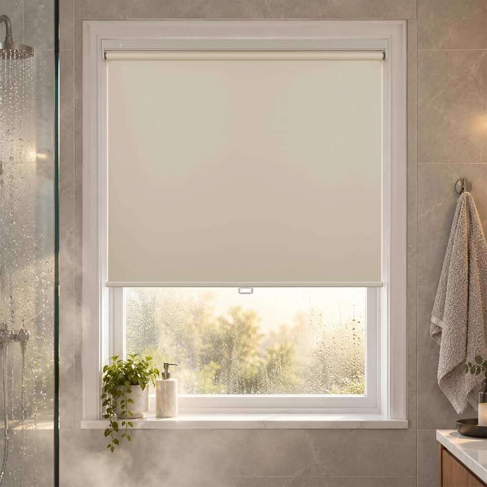 HESTIA No Drill Cordless Blackout Roller Shades Screwless Waterproof Shower Window Blinds, Auto-Retraction Easy Install Blind for Bathroom/Kitchen/Office/Exterior, Cream, 25.5" W x 54" H