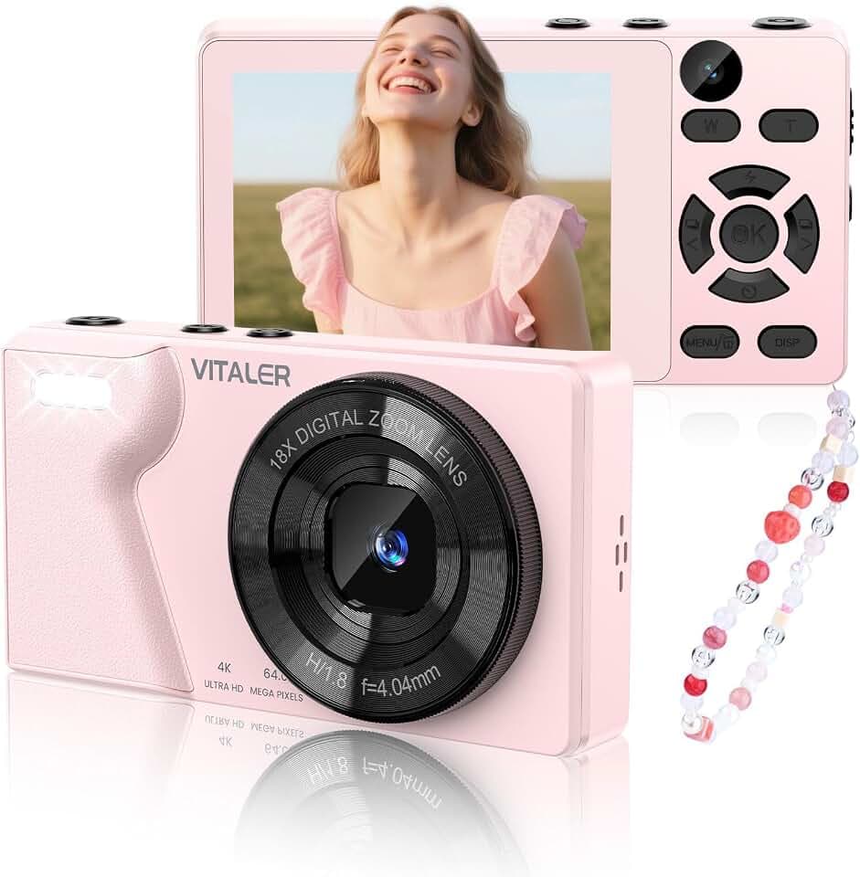 Digitalkamera 64MP Fotokamera 4K, Doppelobjektiv,Gehäuse aus Zinklegierung | 2000-mAh-Akku,2,8" LCD Bildschirm und 18X Digitalzoom Autofokus-Kompaktkamera für Jugendliche,Anfänger(Rosa,OHNE SD-KARTE)