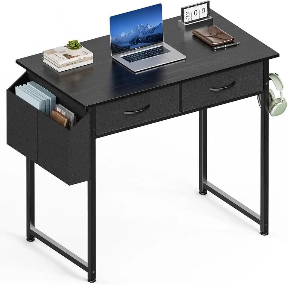 Sweetcrispy 32 Inch Small Computer Desk, Fabric Drawers, Side Bag