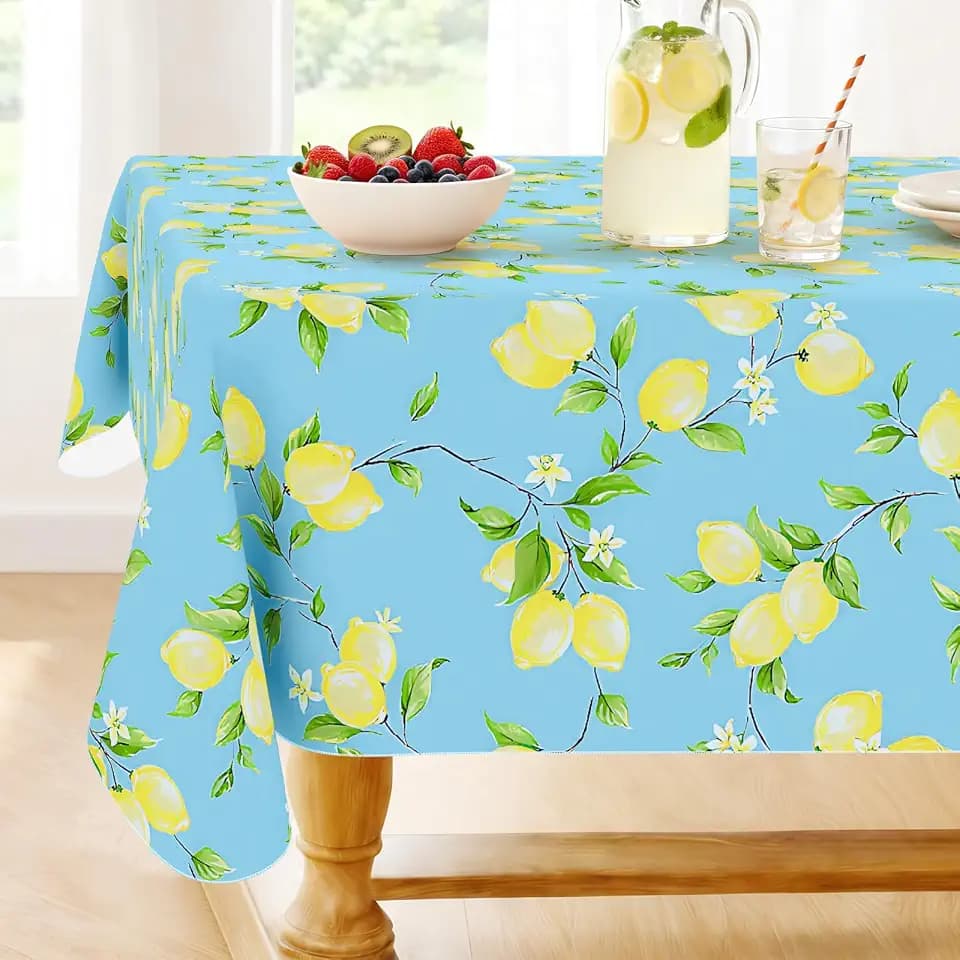 Smiry Rectangle Table Cloth, Waterproof Vinyl Tablecloths with Flannel Backing, Wipeable Spillproof Plastic Table Cover for Dinner and Outdoor (Blue & Yellow, 52" x 70")