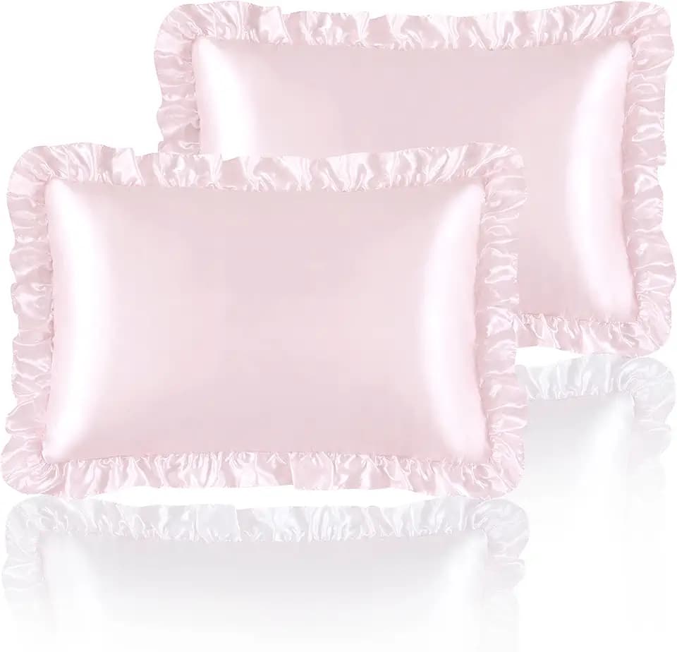 Silky Satin Ruffled Pillow Cases for Hair and Skin,Blush Pink Silky Pillowcases Queen Set of 2 with Envelope Closure Princess Room Decoration