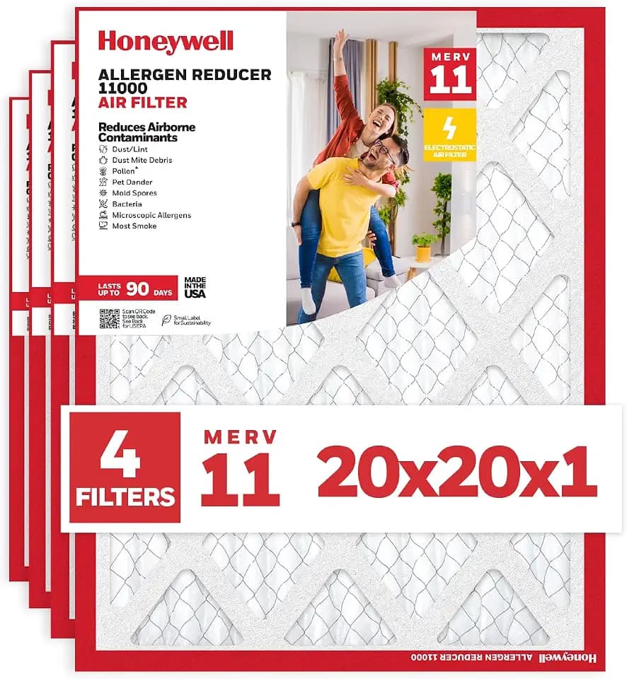 Honeywell 20x20x1 MERV 11 Allergen Reducer 11000 Electrostatic Pleated HVAC AC Furnace Air Filter (4-Pack) | Replacement Filter for Home Use | Made in USA