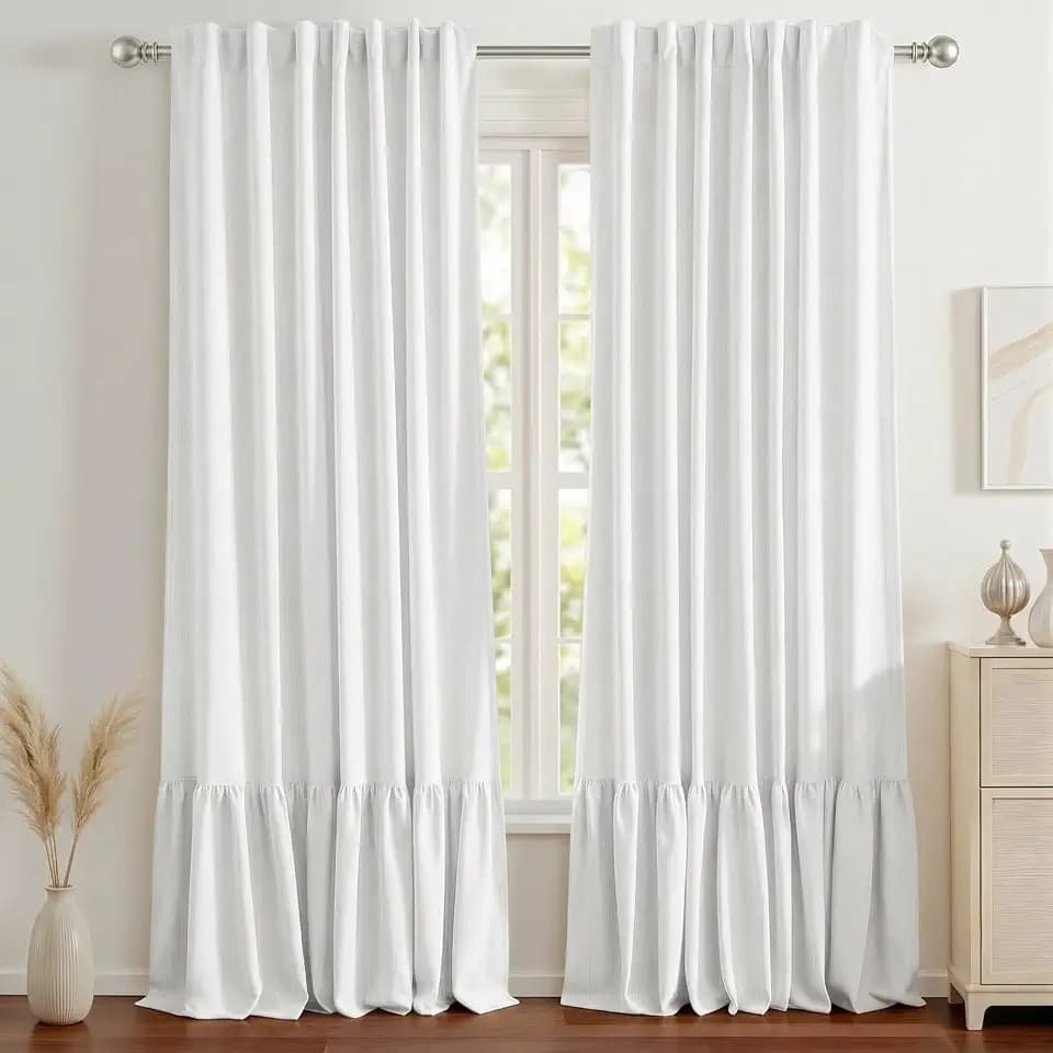 Ruffle 100% Blackout Curtains,Double Layer,2 Panels,White,52x84