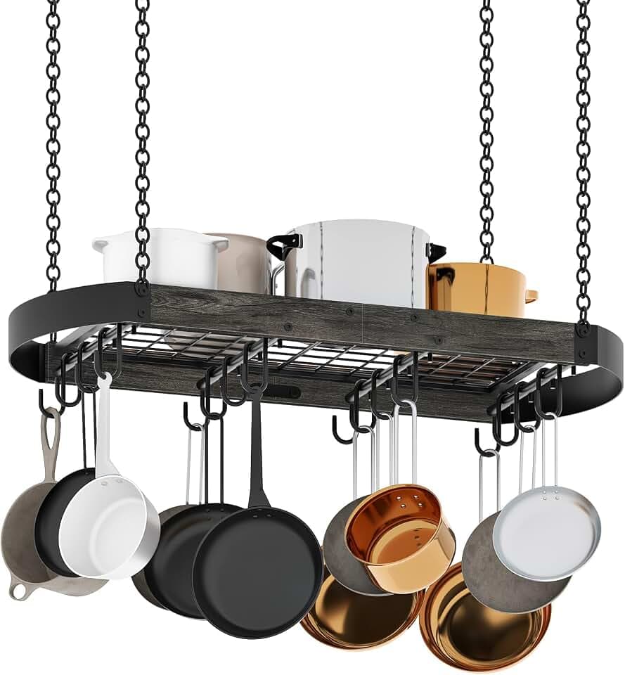 CHOEZON 31.7-Inch Hanging Pot Rack, Space-Saving Pot Hanger for Kitchen, Ceiling Pan Hanging Rack with 16 Detachable S Hooks, Sturdy Metal Frame, Industrial Style, Charcoal Black and Black TPR09BC