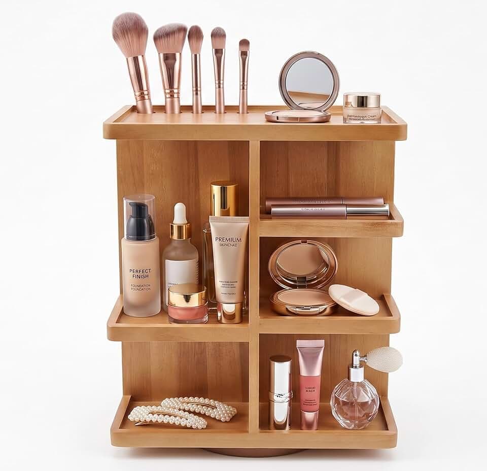 Rotating Cosmetic Modular Organizer, Multi-Function Storage, 360 degree Carousel for Makeup, Toiletries, Vanity, Desk, Countertop, Bedroom, Closet, Solid Natural Wood with Acacia Brown