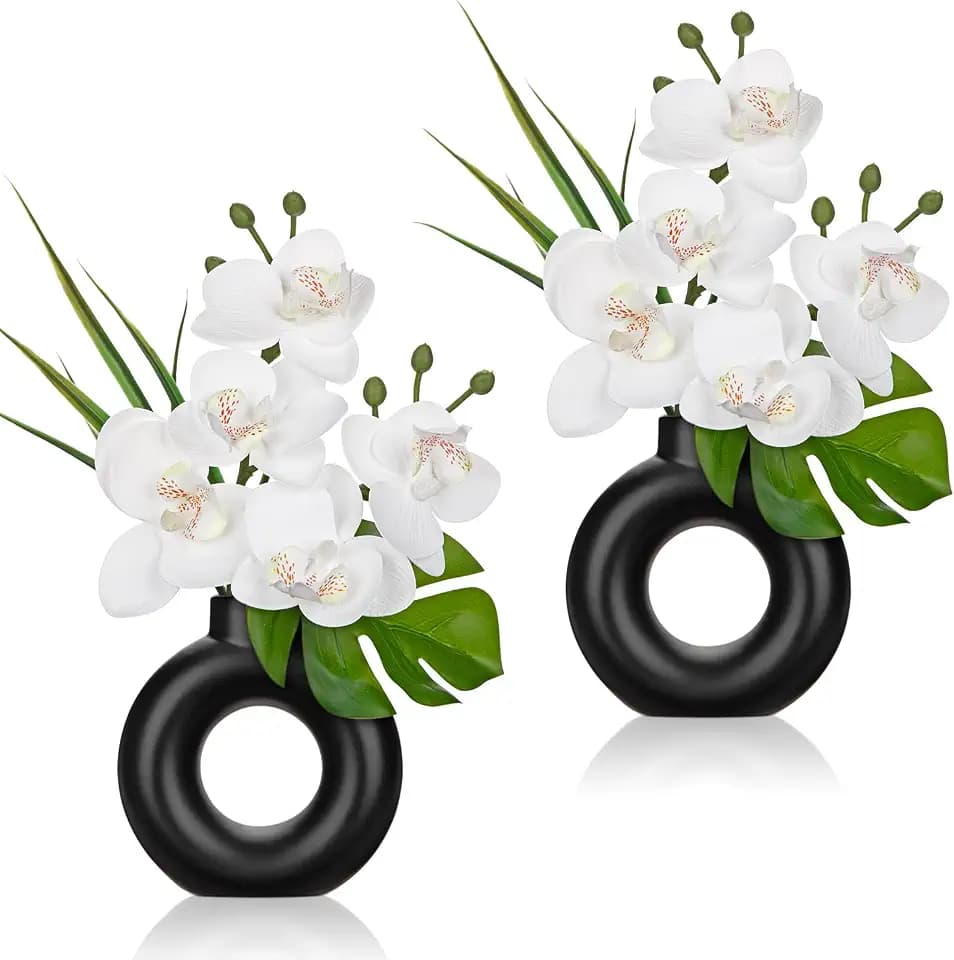 Briful Fake Orchid Flowers with Black Pot 2PCS White Orchid Silk Flowers Arrangement Artificial Orchid Plants for Home Office Room Kitchen Shelf Table Modern Decor