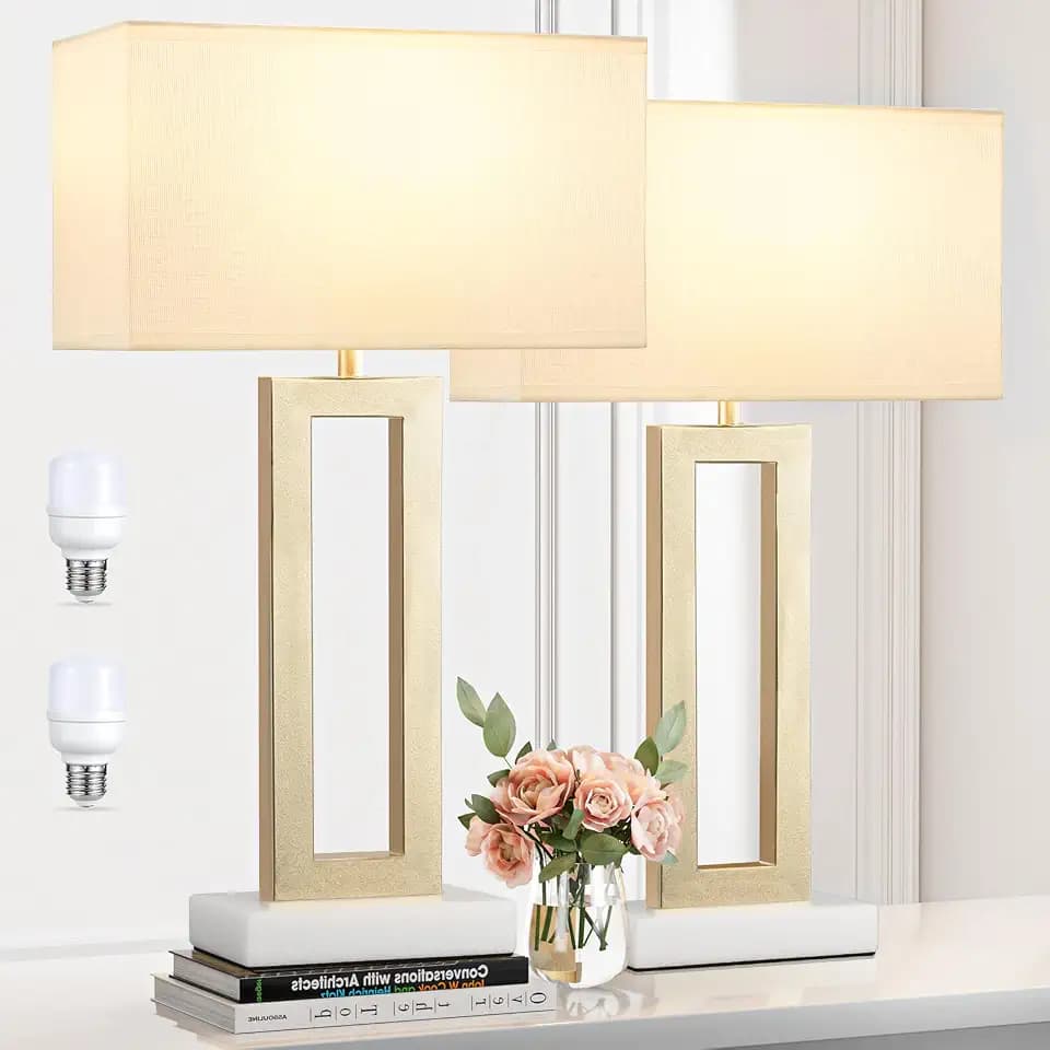 Seealle 22" Tall Bedroom Lamps for Living Room - Gold Bedside Lamps with Marble Base, Lamp for Nightstand with Knob Switch, Modern Night Stands Lamps for End Tables(White&Gold&Marble)