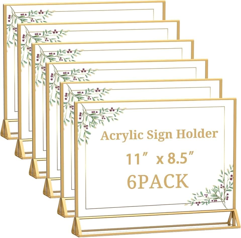 PPH-Sisy Clear Acrylic Sign Holder 11x 8.5 Horizontal Double Sided Gold Frame Flyer Holder for Wedding Table Number Menu Holder for Restaurant, Office, Retail Store & Party (6pcs)