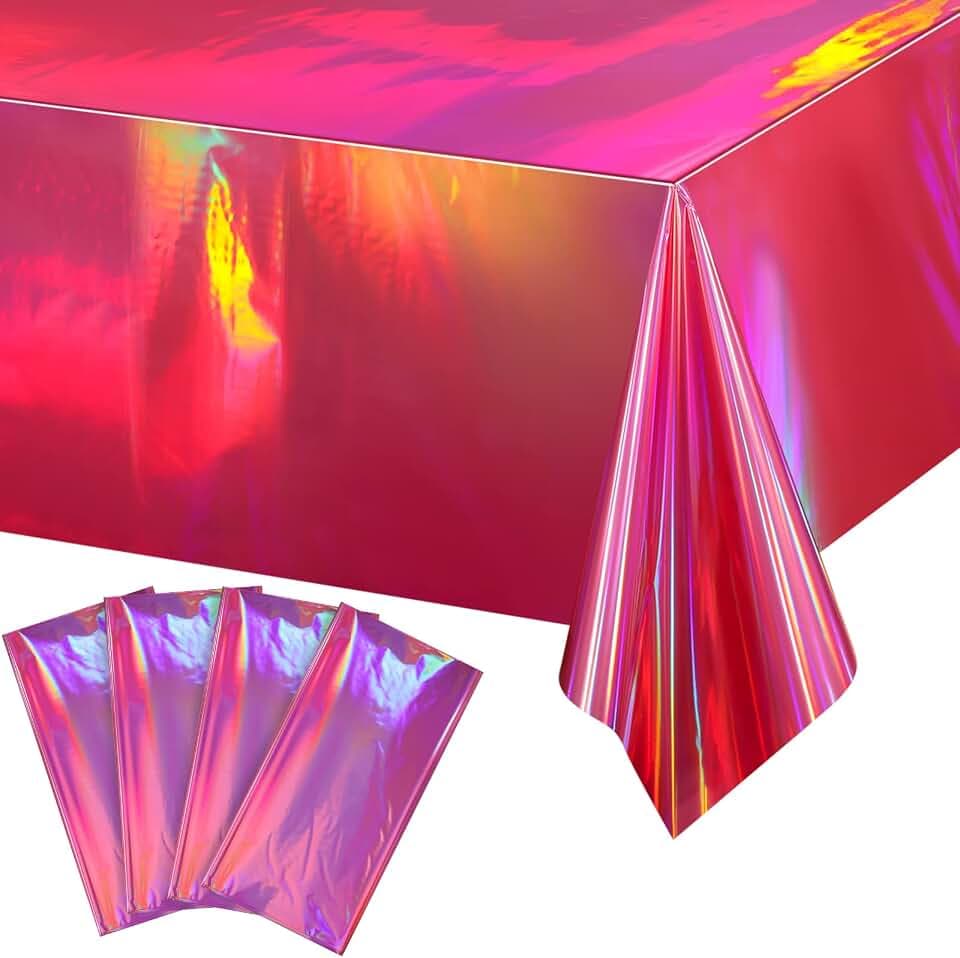 4 Pack Hot Pink Iridescent Plastic Tablecloths Shiny Disposable Laser Rectangle Table Covers Holographic Foil Tablecloth Iridescent Party Decorations Birthday Bridal Wedding Christmas, 54 x 108 Inch