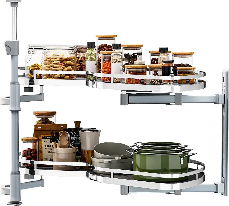 DWVO Corner Cabinet Organizer, 2-Tier Blind Corner Pull Out with 270° Rotating Shelf, Right Swing Tray, Heavy-Duty Iron, Easy-Install Template, 32.7"x17.3"x21.3", Gray
