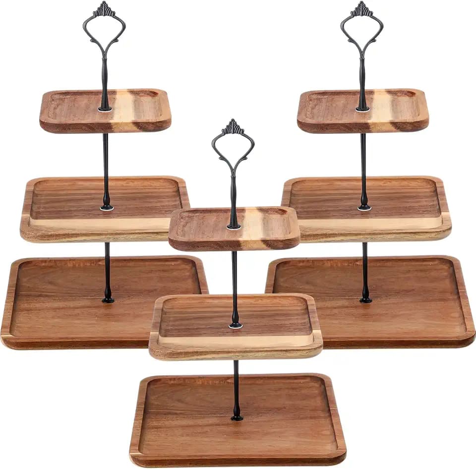 3 Pcs 3 Tier Serving Tray Square Wooden Tiered Cake Stand Acacia Wood Rustic Cupcake Display for Dessert Square Farmhouse Party, Wedding, Tea Party
